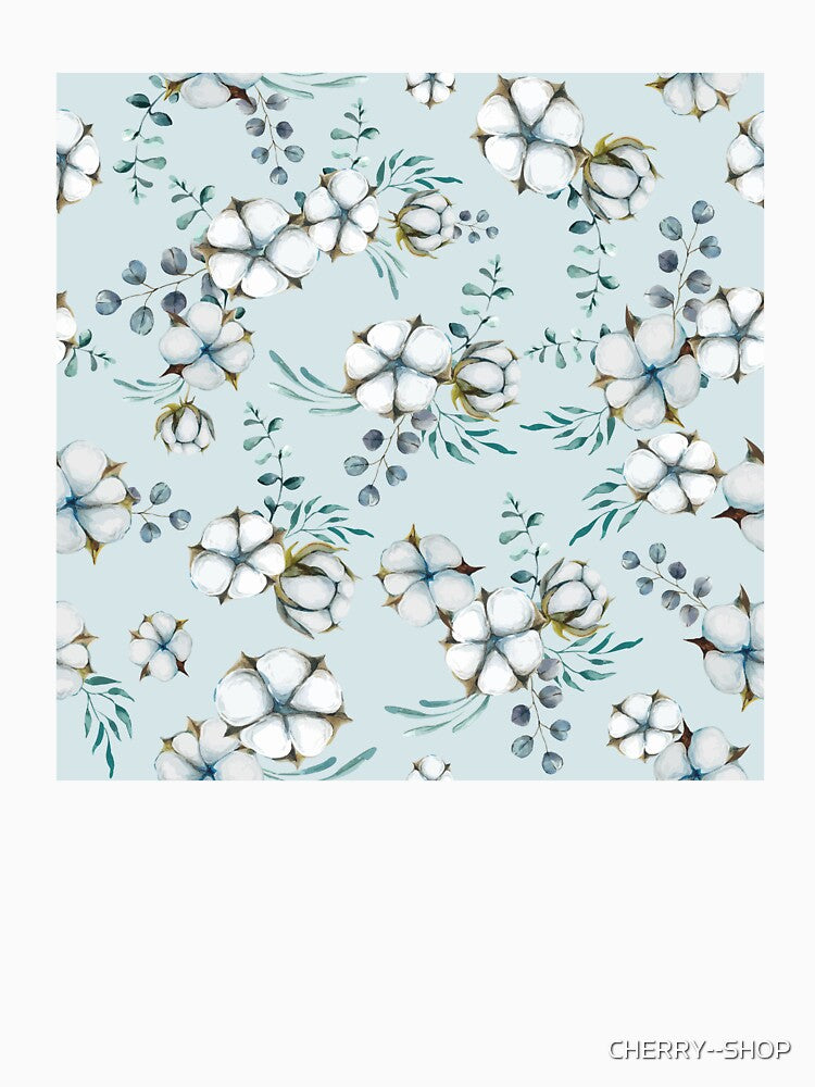 Cotton Flowers and Eucalyptus, watercolor dusty blue botanical pattern by CHERRY--SHOP