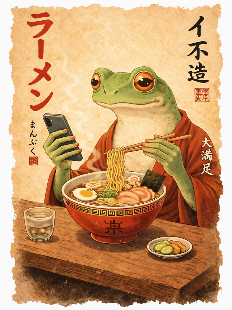 Funny Grumpy Frog Eat Ramen and Scroll Phone Japanese Art by Kladhadredo