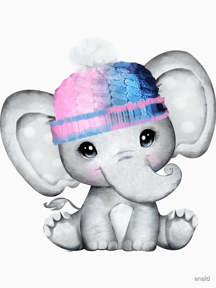 Cute elephant in pink and blue hat by enaid