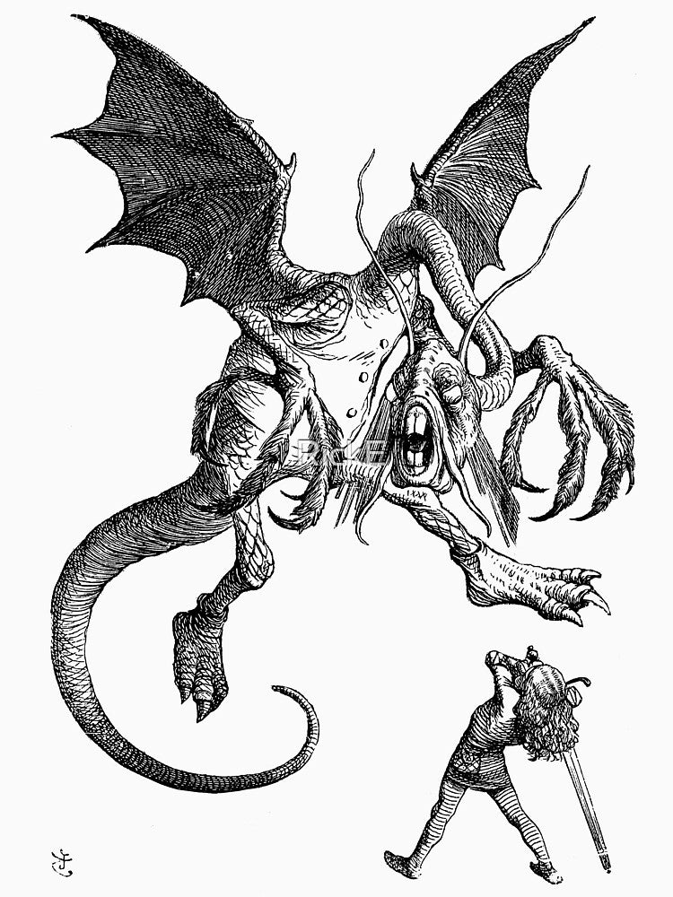 Alice and the Jabberwocky - Alice in Wonderland - Vintage Art by RickE