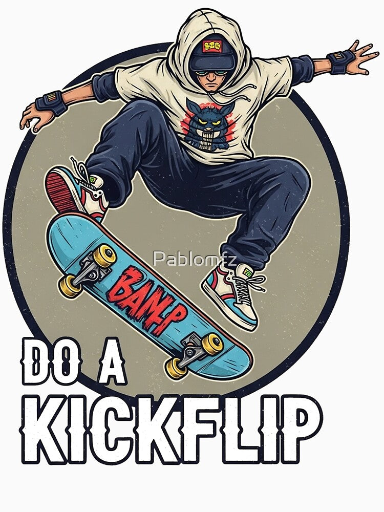 Skate and Destroy Kickflip – Edgy Skater Cartoon Design by Pablomfz