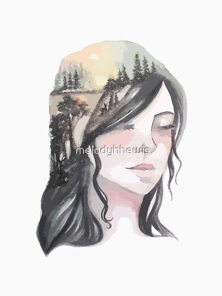 Watercolor Girl Soft Blush Forest Hair Aurora Borealis Beautiful by melodyhhewis