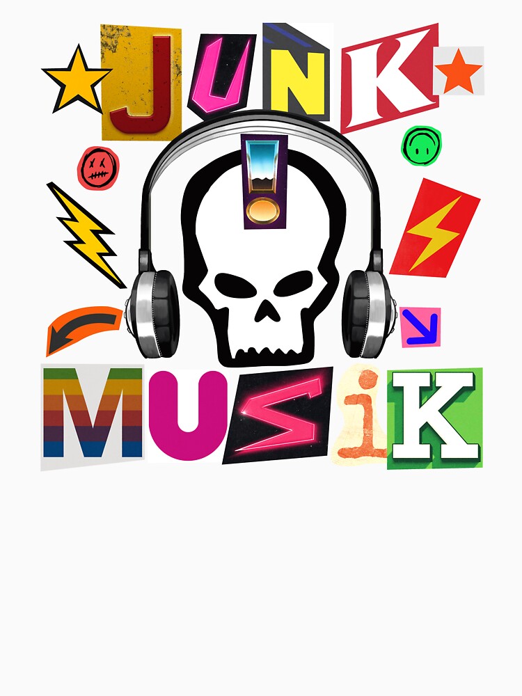 junk music - punk skull with headphones and ransom note letters graphic design art by hayrpictures