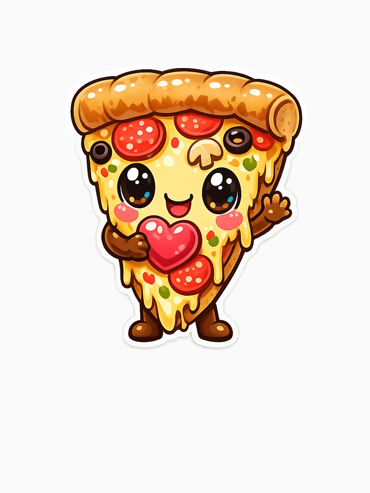 Cute Kawaii Pizza Slice Holding Heart – Adorable Food Mascot Cartoon Sticker Design by ArtWaveStudio8