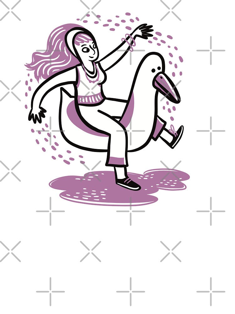 a girl riding a giant duck or goose by jasmineberry