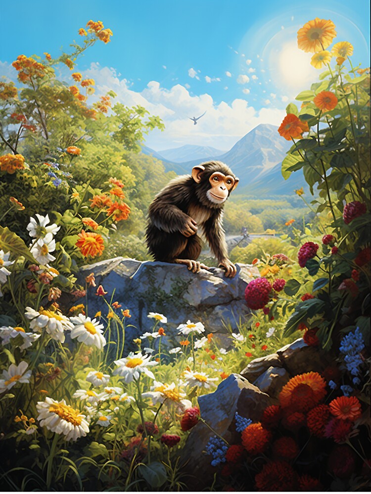 Monkey in a Colourful Garden Poster by WSMonkeyPosters