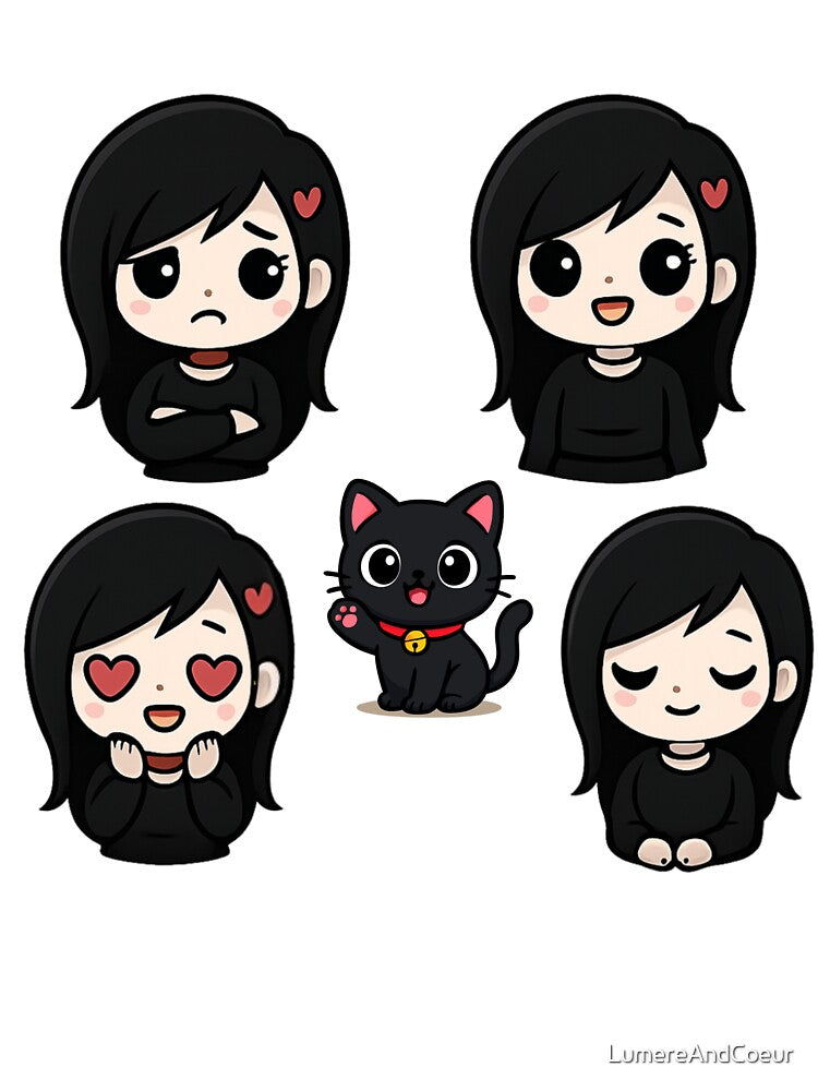 Cute Goth Girl Mood Sticker Pack with Black Cat Kawaii Emo Aesthetic Set by LumereAndCoeur