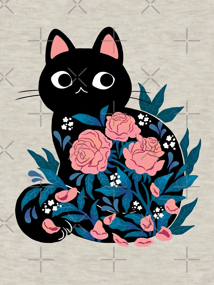 Black cat in Prink Roses by michelledraws