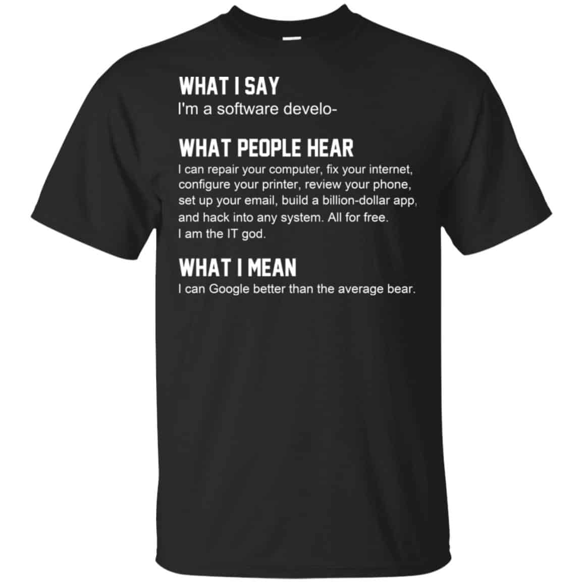 What I Say I’m A Software Developer What People Hear What I Mean T-Shirts, Hoodie, Tank