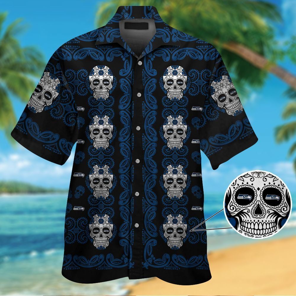Seattle Seahawksskull Short Sleeve Button Up Tropical Hawaiian Shirt VER01