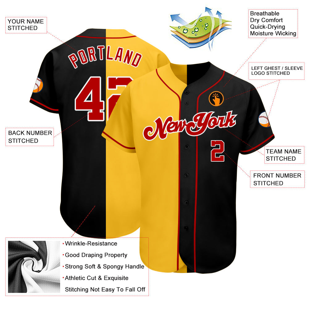 Custom Black Red-Yellow Authentic Split Fashion Baseball Jersey