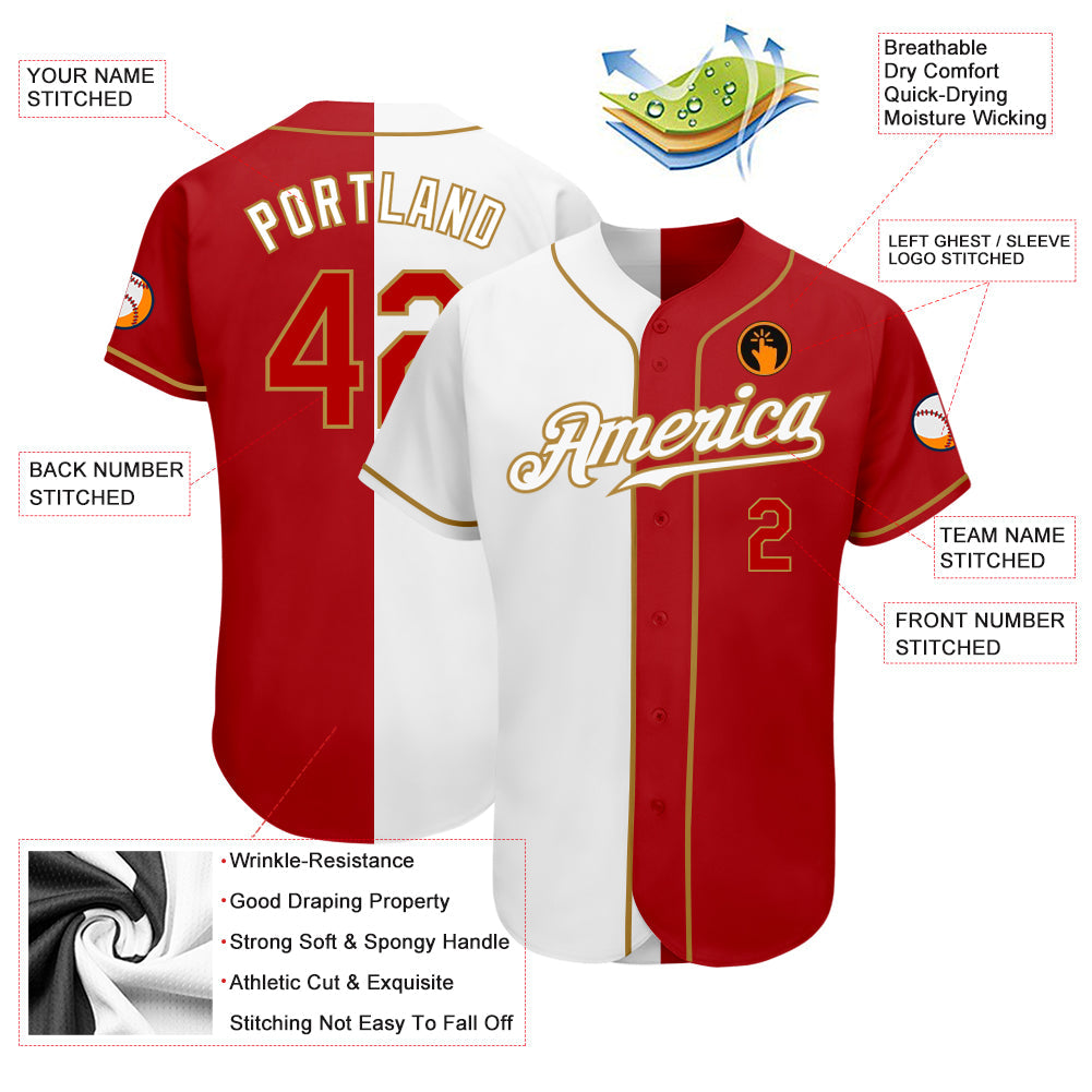 Custom White Red-Old Gold Authentic Split Fashion Baseball Jersey
