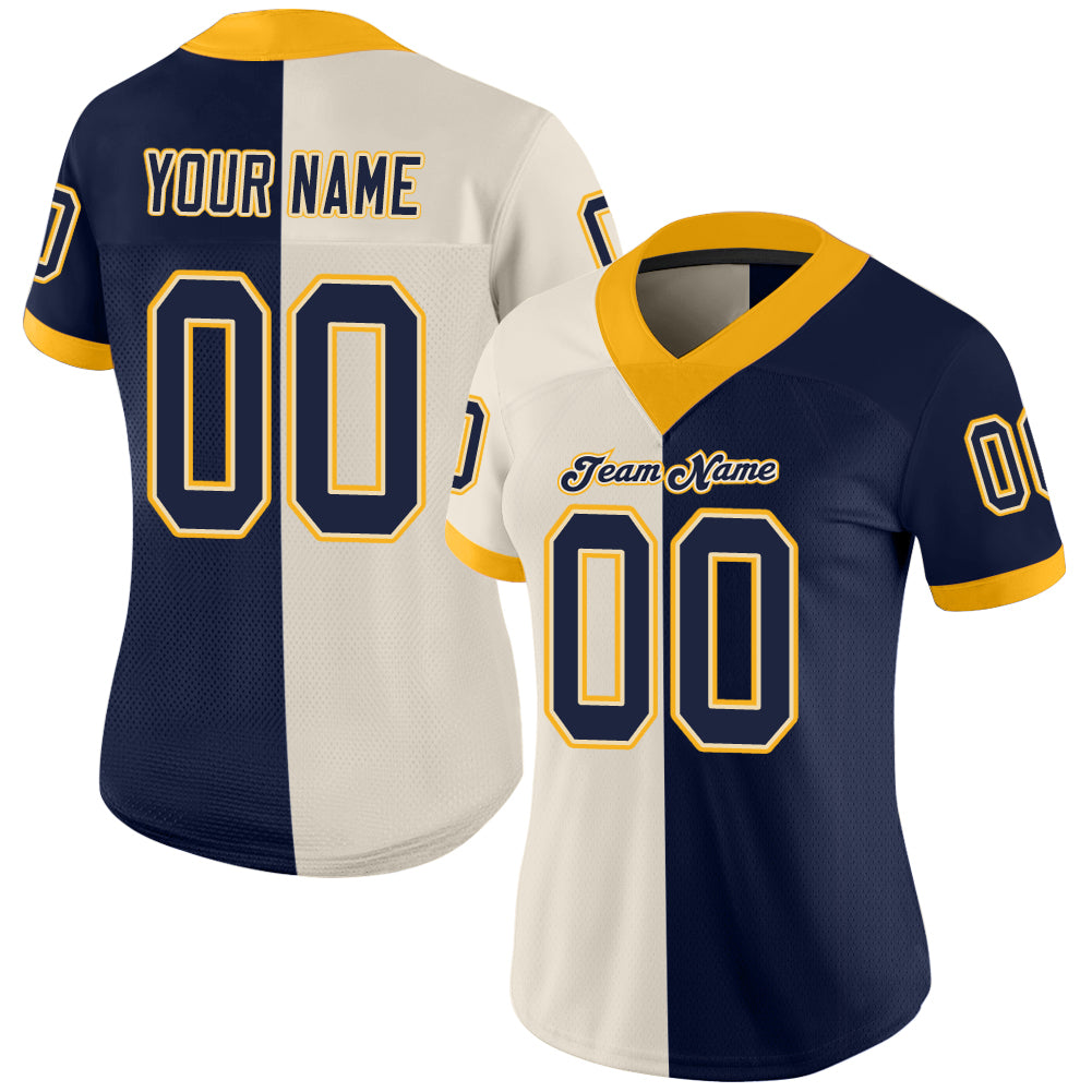 Custom Cream Navy-Gold Split Fashion Football Jersey