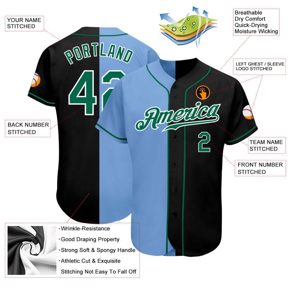 Custom Black Kelly Green-Light Blue Authentic Split Fashion Baseball Jersey