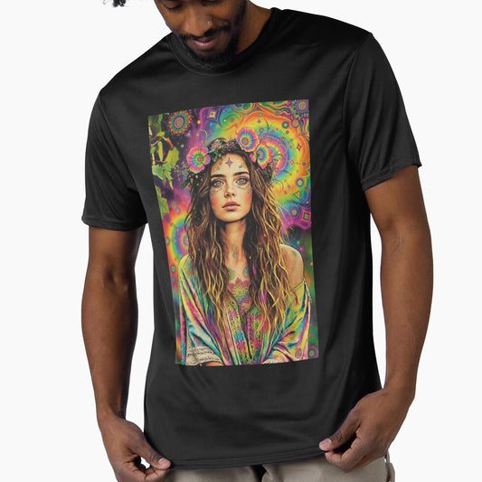 Psychedelic Hippie Goddess - Rainbow Flower Crown & Tie-Dye Portrait by David Brookes Digital