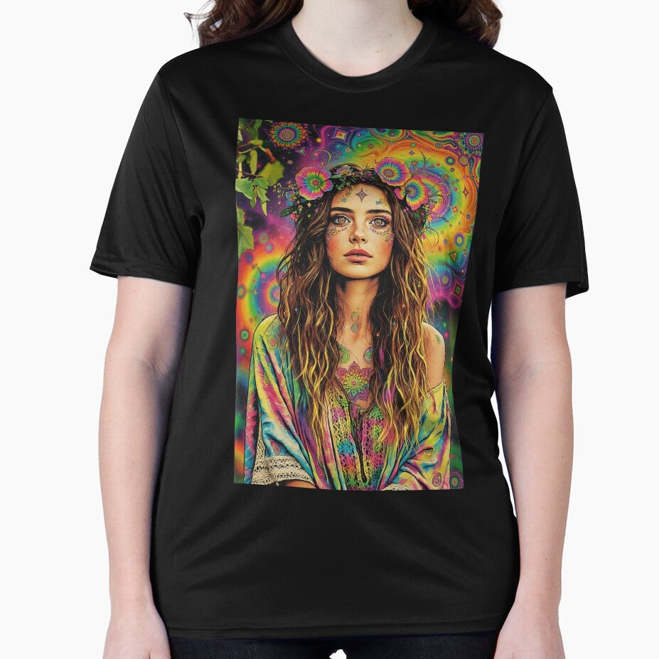 Psychedelic Hippie Goddess - Rainbow Flower Crown & Tie-Dye Portrait by David Brookes Digital