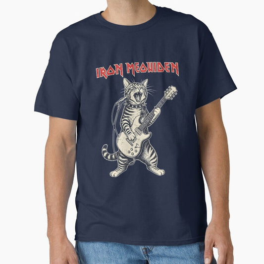 A heavy metal cat rocks out on guitar and vocals in an "Iron Meowiden" band parody design. by bluel_evin