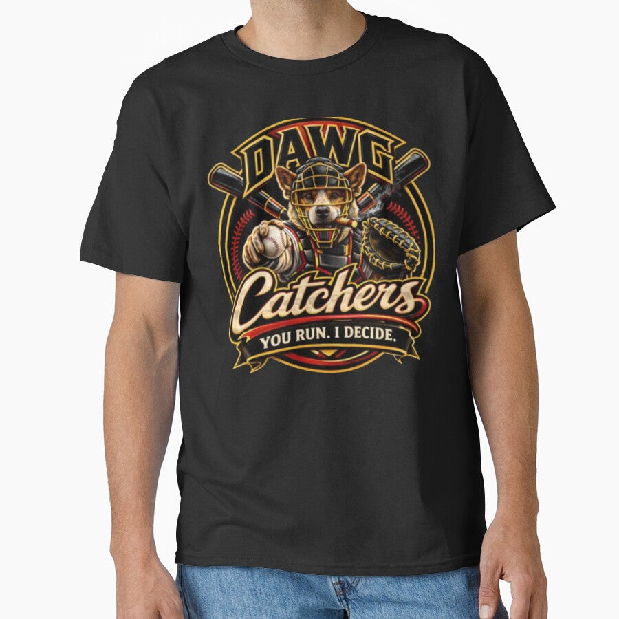 Funny Baseball Catcher Dog Shirt, Cartoon Baseball Dog, Sports Humor Gift, Dog Lover Tee by Red Cash
