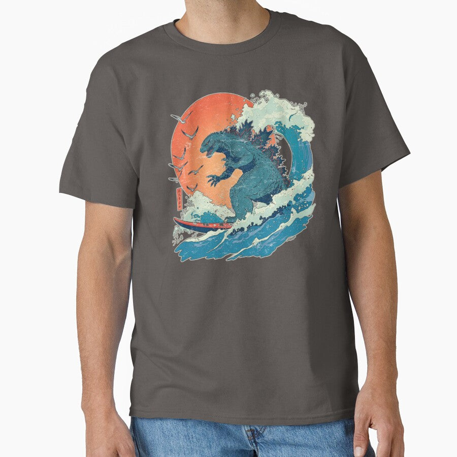 The Great Wave Godzilla Surfer shirt, Funny Surfing monster t-shirt by KreativKulture