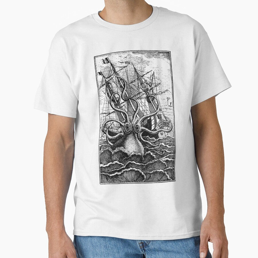 Vintage Kraken attacking ship illustration by monsterplanet