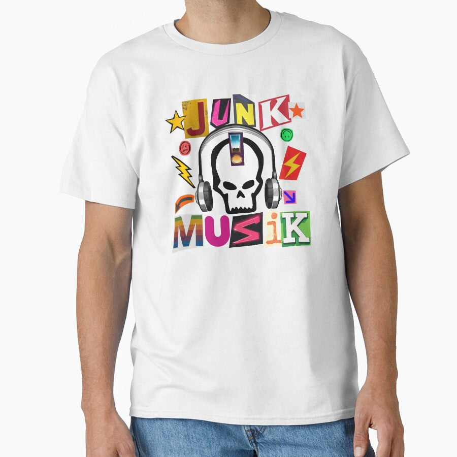 junk music - punk skull with headphones and ransom note letters graphic design art by hayrpictures