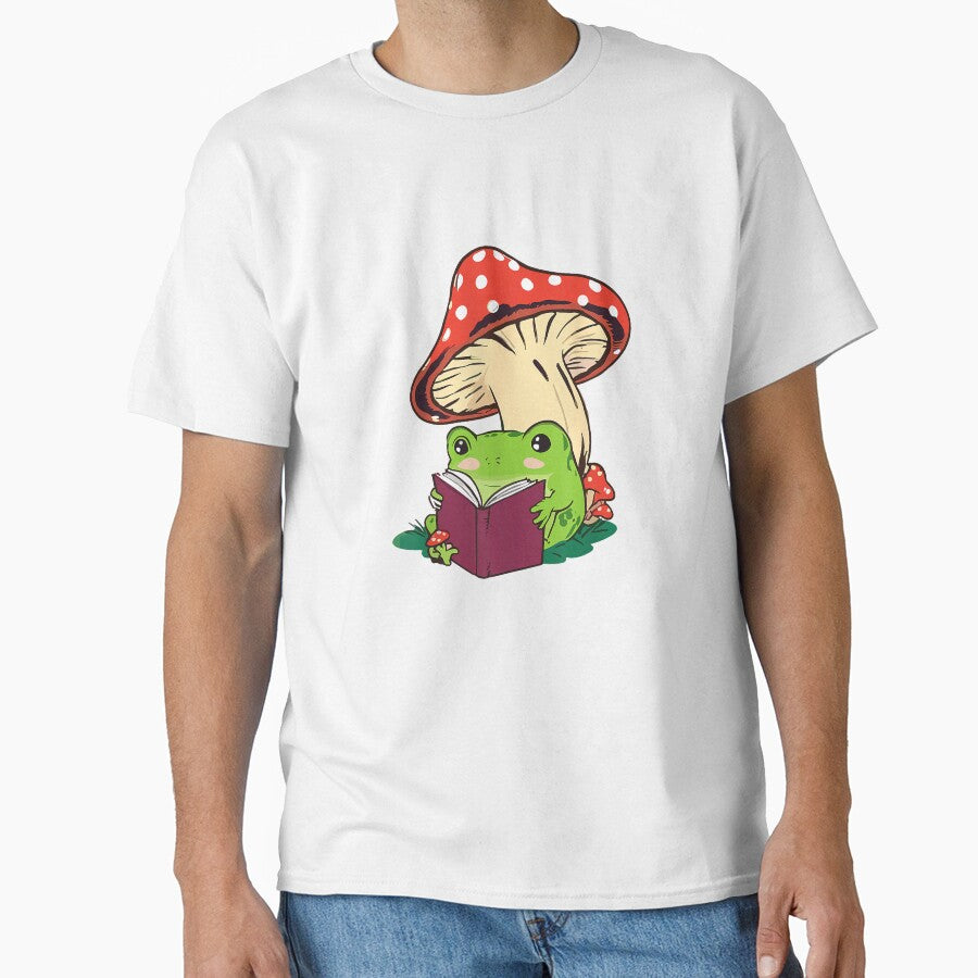 Reading Frog Mushroom Cute Nature Aesthetic Cottagecore T-Shirt by SubStudio97