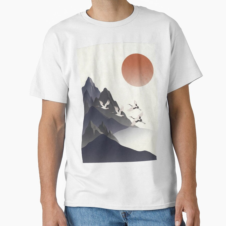 Minimalist Wa-Modern Landscape: Red Sun, Cranes & Mountains by Hikariha Studio