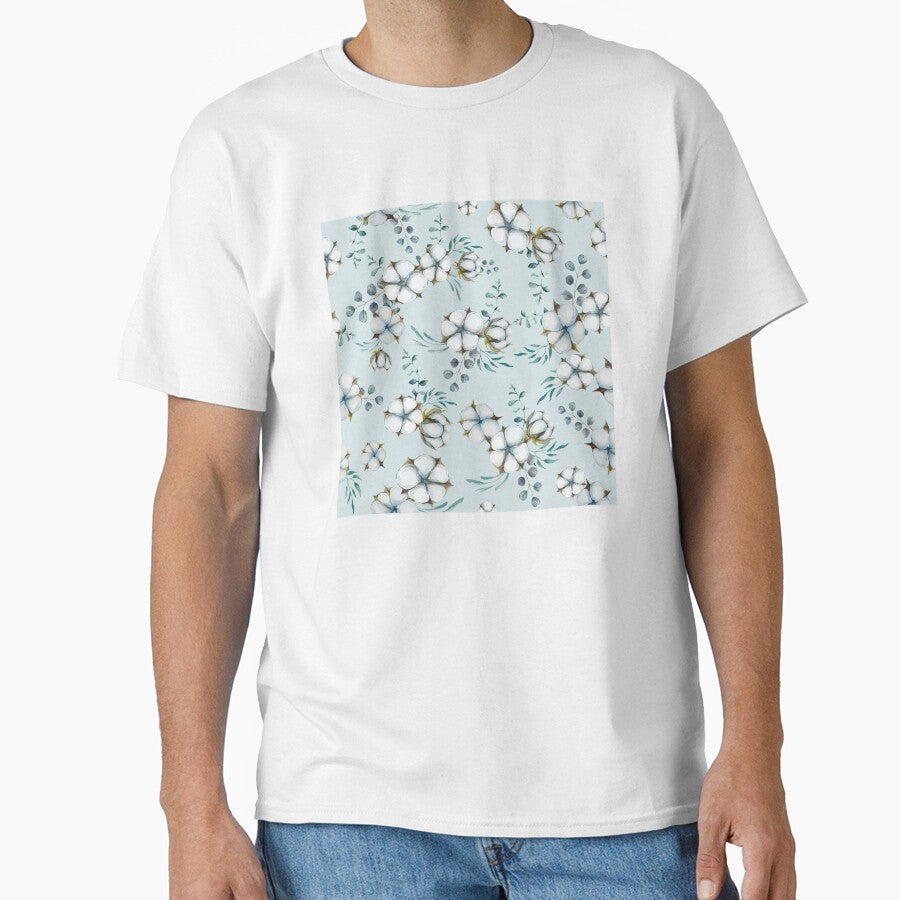 Cotton Flowers and Eucalyptus, watercolor dusty blue botanical pattern by CHERRY--SHOP
