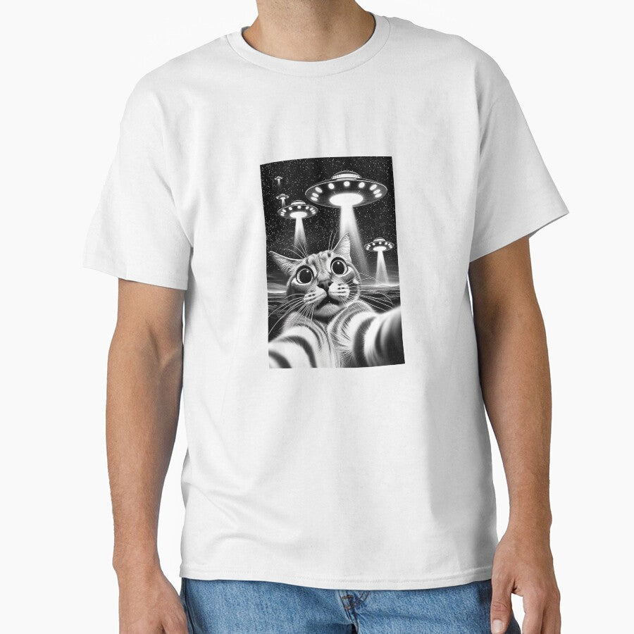 Cat UFO  Funny Invasion Meme Retro Alien Cat UFO Selfie T-Shirt by kevincuellar