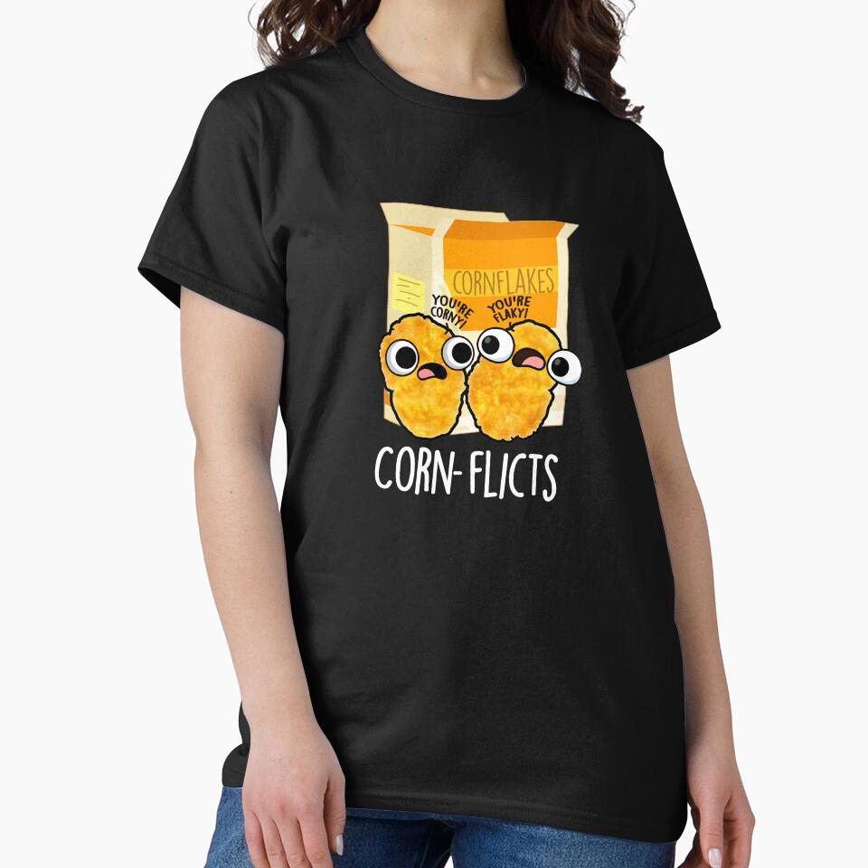 Corn-flicts Funny Corn Flakes Pun (Dark BG) by punnybone