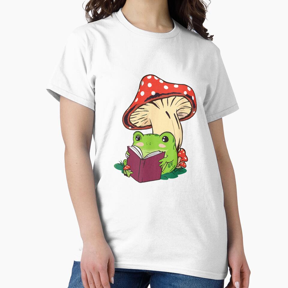 Reading Frog Mushroom Cute Nature Aesthetic Cottagecore T-Shirt by SubStudio97