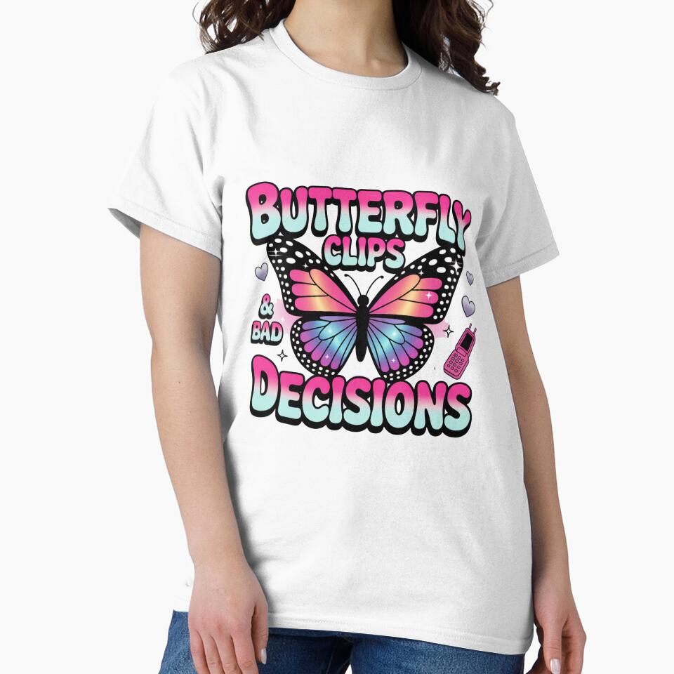 Butterfly Clips & Bad Decisions – Y2K Glam Tee by Ashley critters