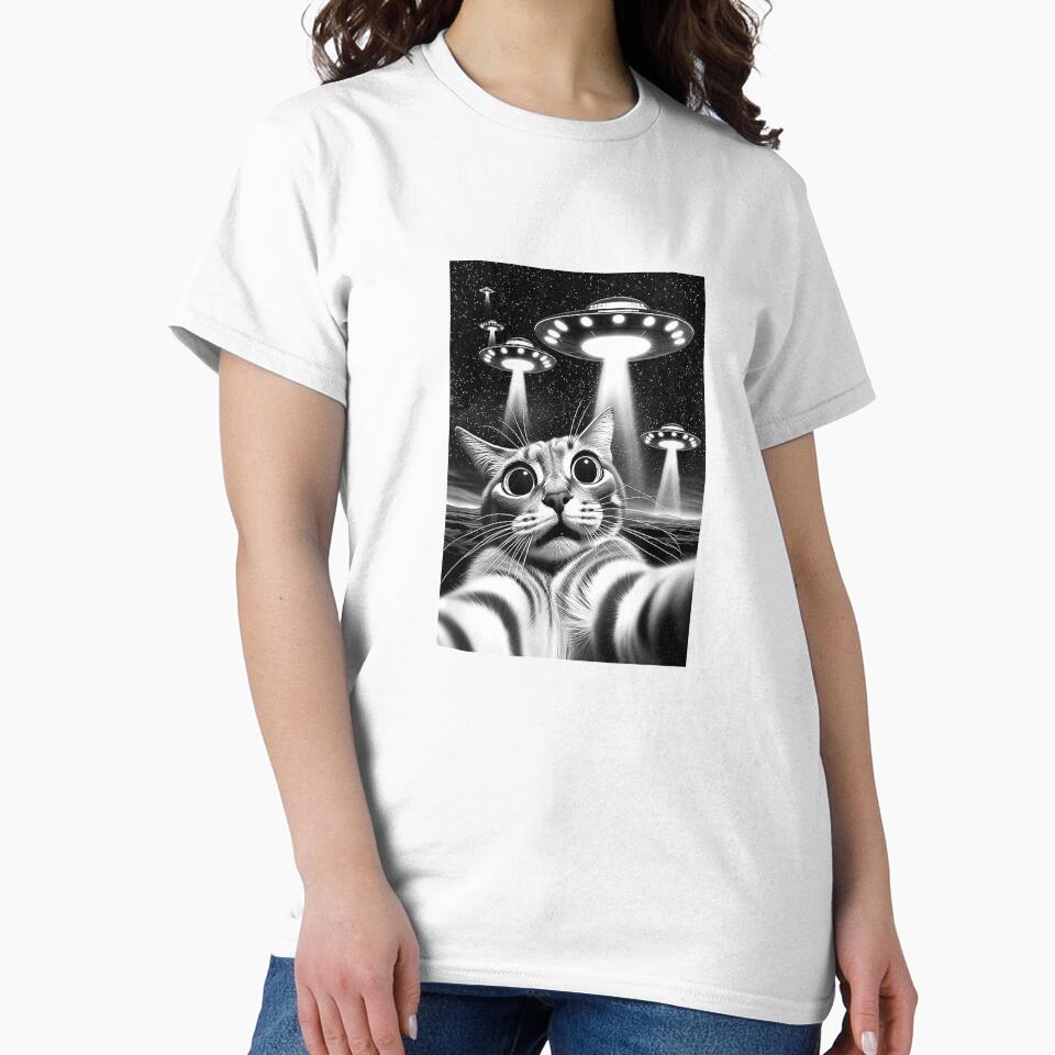 Cat UFO  Funny Invasion Meme Retro Alien Cat UFO Selfie T-Shirt by SubStudio97