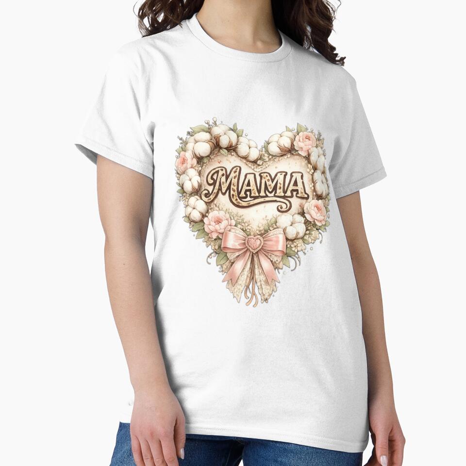 Mama Heart Floral - Rustic Cotton and Pink Roses Farmhouse Style by Lozarux