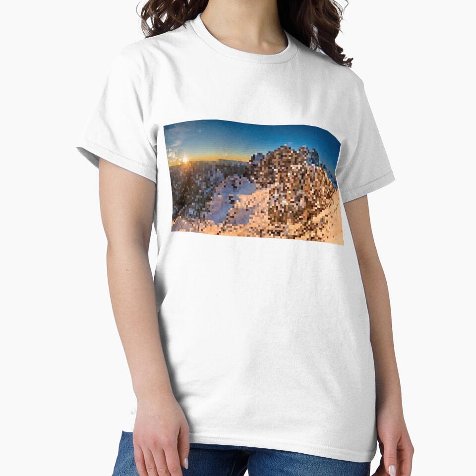 Pixelated Snowy Mountain Sunrise Scene by Potato Quality Prints
