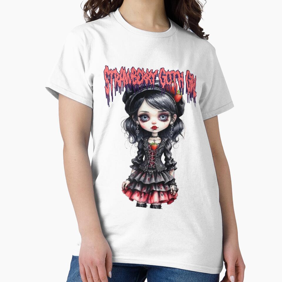 Strawberry Goth Girl with Strawberry Necklace in watercolor paint by EmeraldCauldren