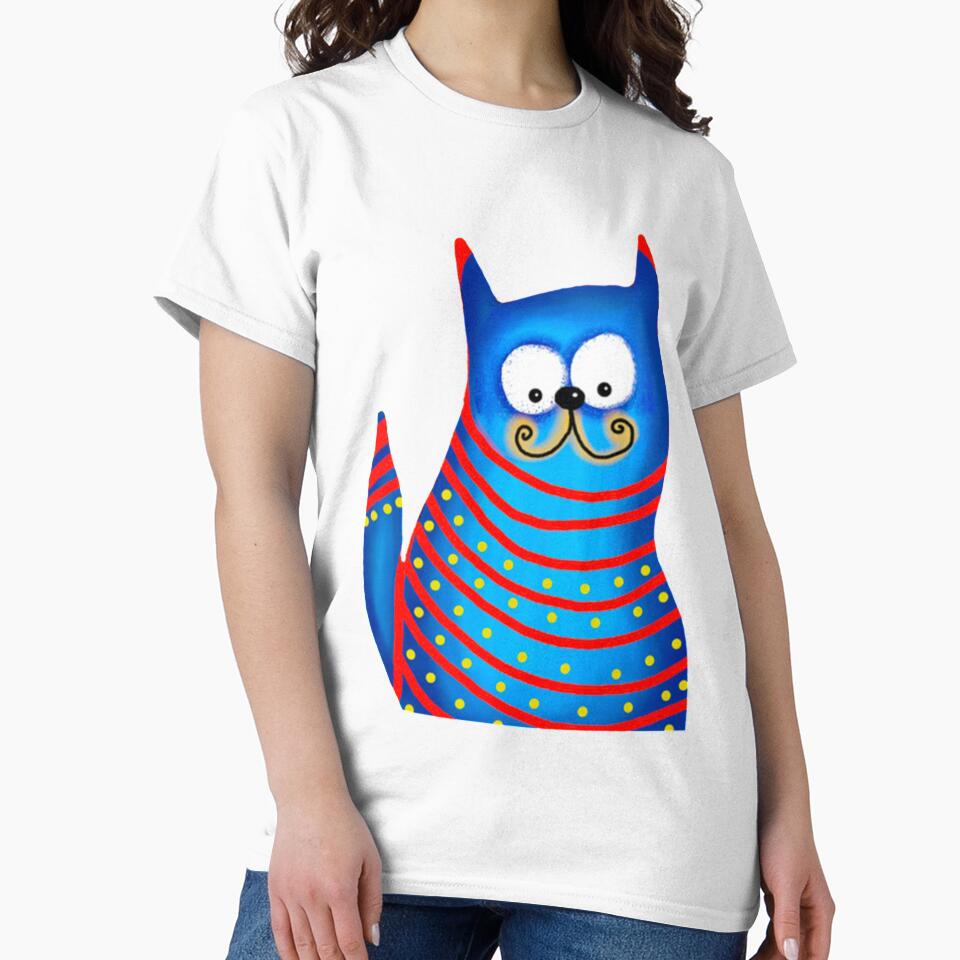 Funny Modern Colorful Blue Cat Long Sleeve T-Shirt by AmylahP