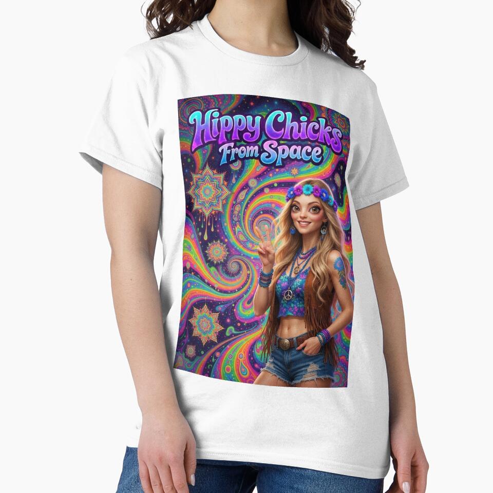 Hippy Chicks From Space - Psychedelic Space Hippie Girl with Peace Sign by David Brookes Digital