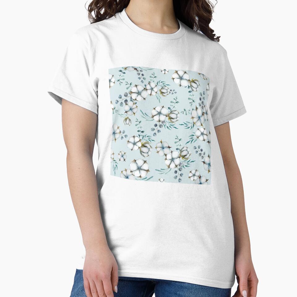 Cotton Flowers and Eucalyptus, watercolor dusty blue botanical pattern by CHERRY--SHOP