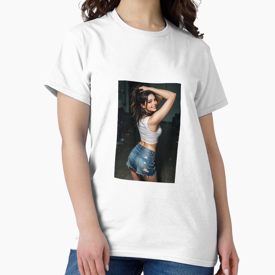 Smiling Brunette in White Top and Denim Skirt by CathryneDelamort