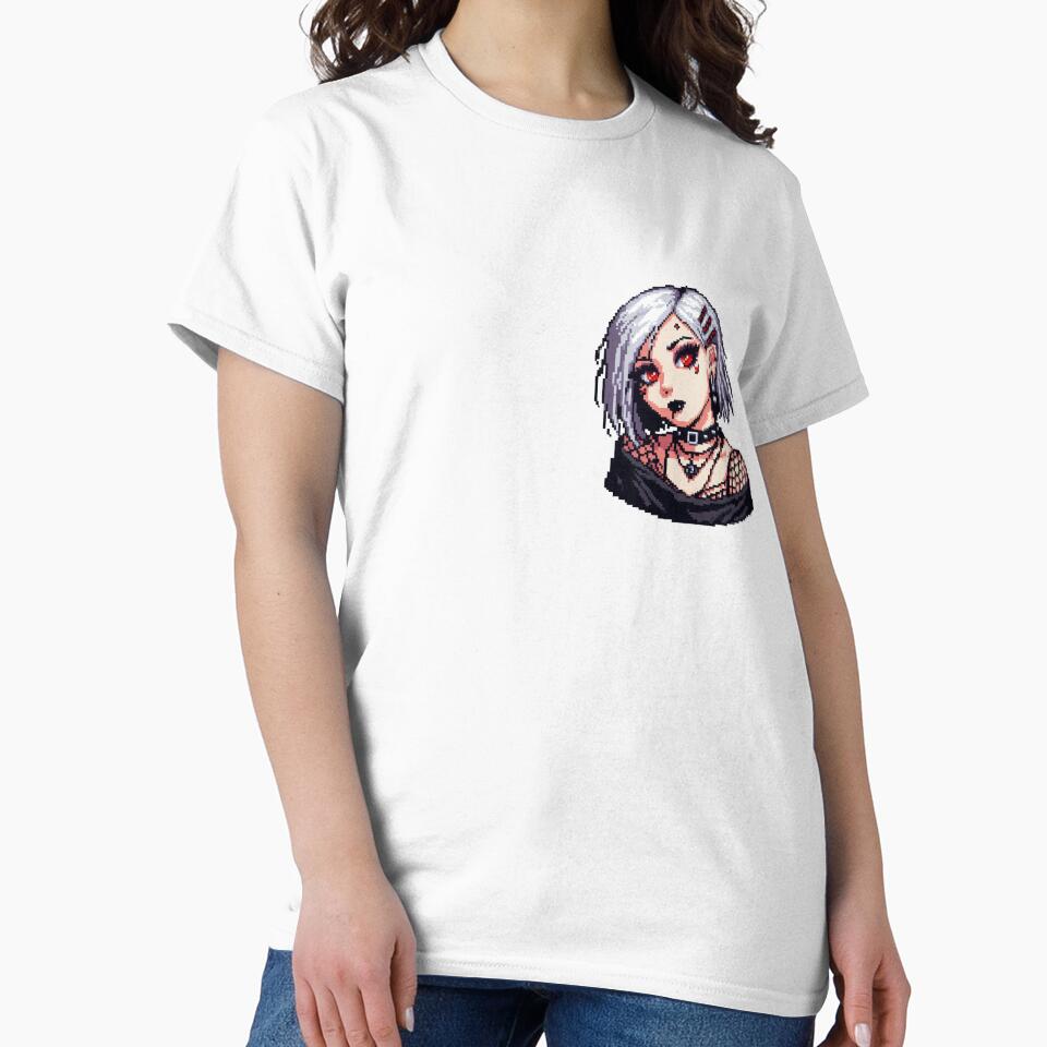 Goth girl with white hair and red eyes, pixelart by Luvrr Pixels