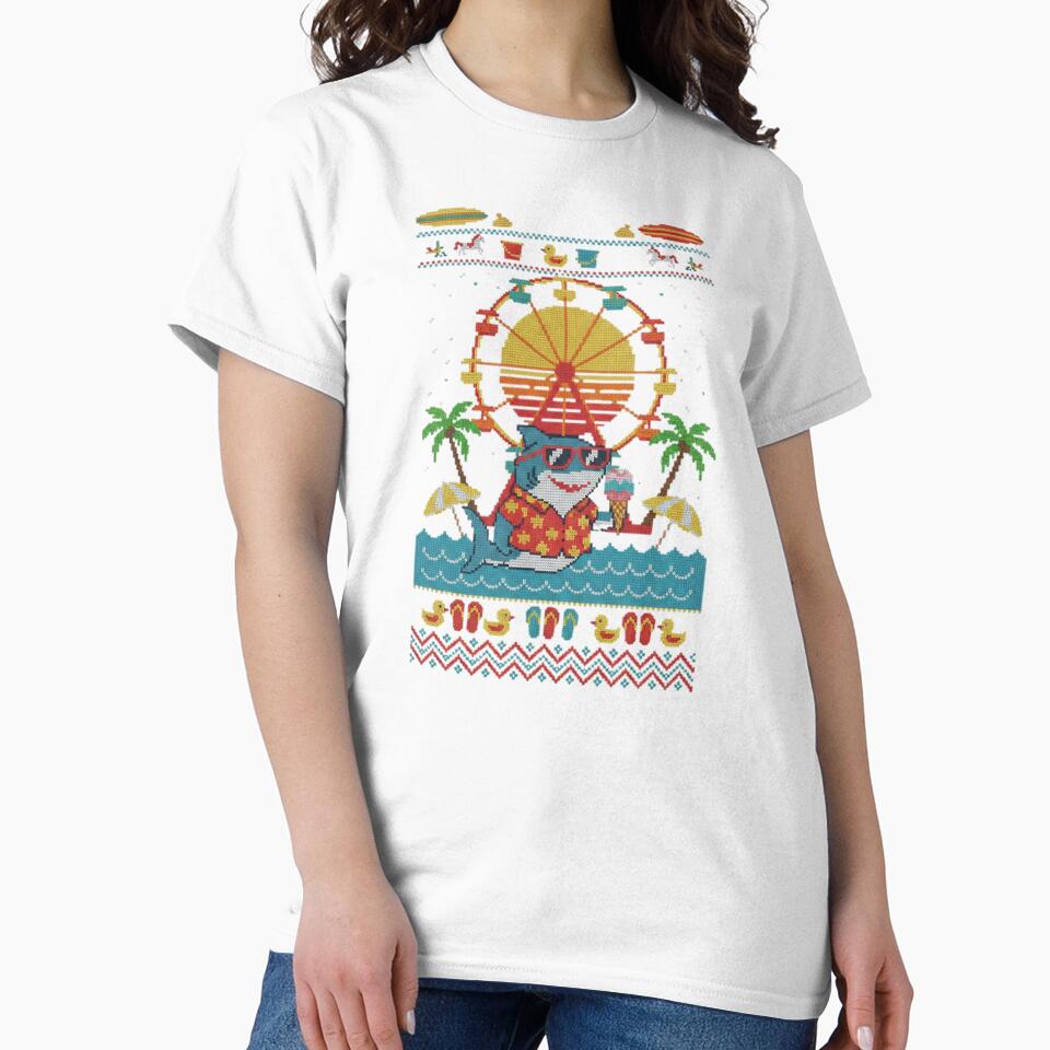 Pixel Knitted Style Ferris Wheel by the Sea – Retro Sweater Design with Shark Drinking by PunkVerseStudio
