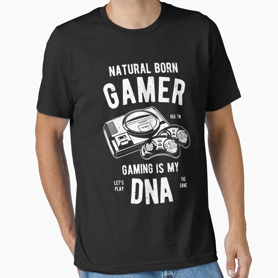 Natural Born Gamer Gaming Is My DNA Shirt Vintage Games Graphic T-Shirt Great Gift for Nerd or Geek Unisex Short-Sleeve Jersey Tee by Panda Branda