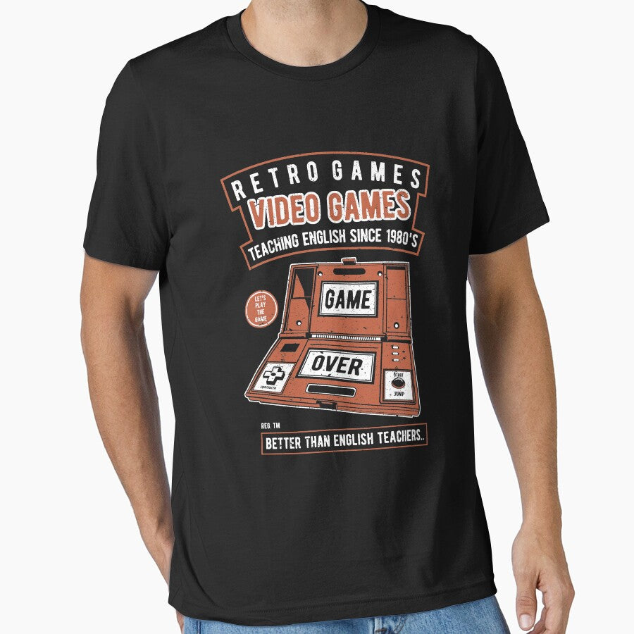 Retro Video Games Teaching English Since 1980's Game Over Shirt Vintage T-Shirt Great Gift for Gamer Short-Sleeve Jersey Tee by Panda Branda