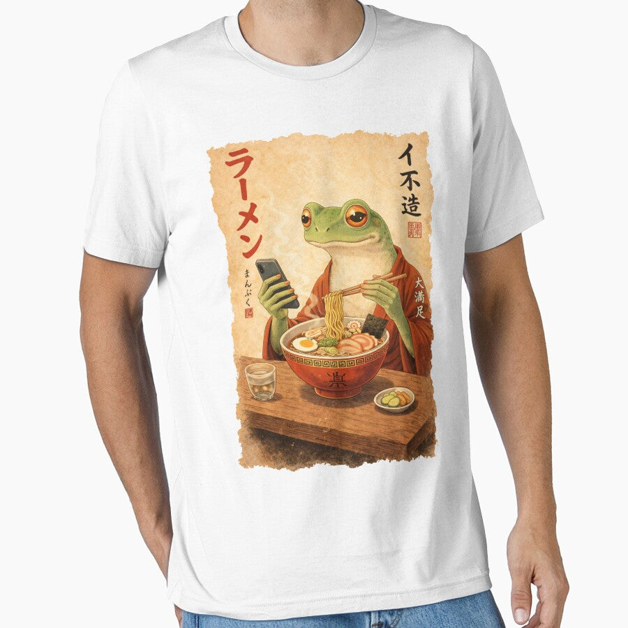 Funny Grumpy Frog Eat Ramen and Scroll Phone Japanese Art by Kladhadredo
