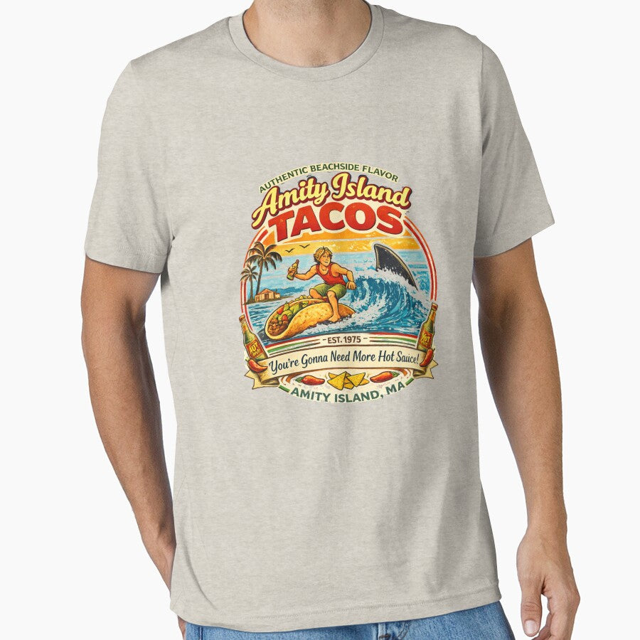Amity Island Tacos Vintage Surf Taco Shirt Funny Shark Movie Parody Retro Beach Food design. by GhostDawgs