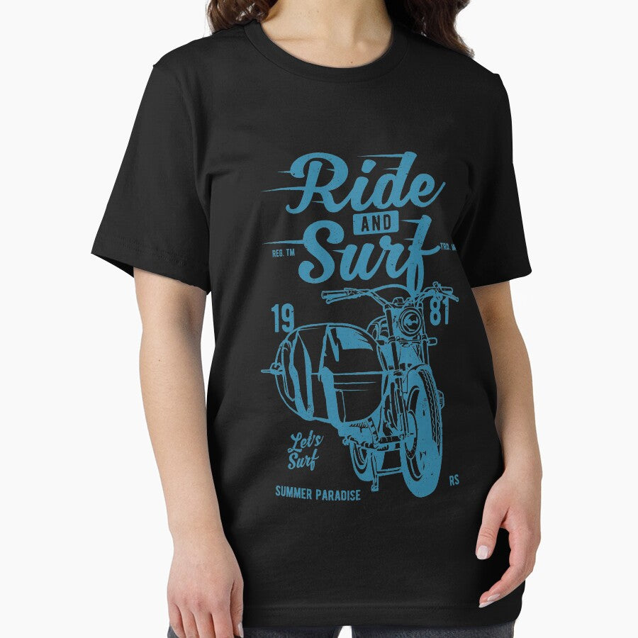 Ride And Surf Shirt Hobby Illustration Vintage T-Shirt Great Gift for Motorcyclist Biker Surfer Unisex Short-Sleeve Jersey Tee by Panda Branda