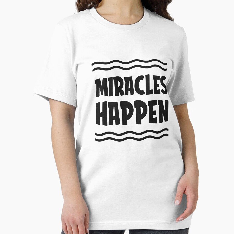 Positive “Miracles Happen” Pink T-Shirt – Uplifting Motivational Tee with Bold Typography and Wavy Line Design for Everyday Inspiration by National Cyber Security Training Academy