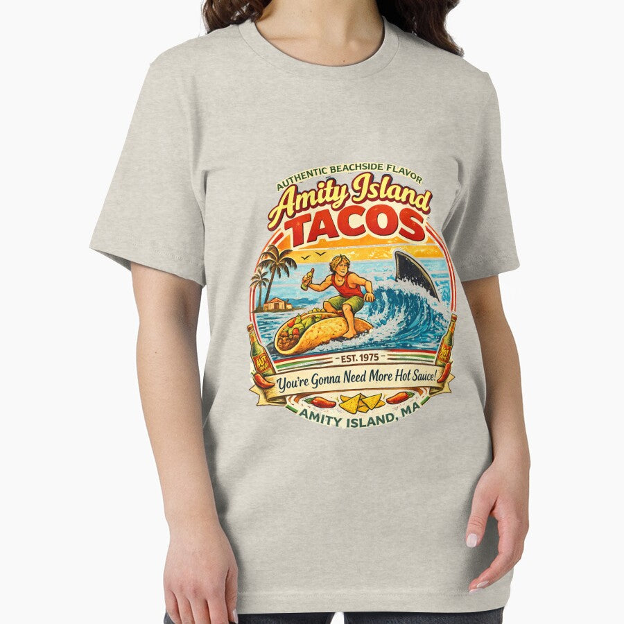 Amity Island Tacos Vintage Surf Taco Shirt Funny Shark Movie Parody Retro Beach Food design. by GhostDawgs