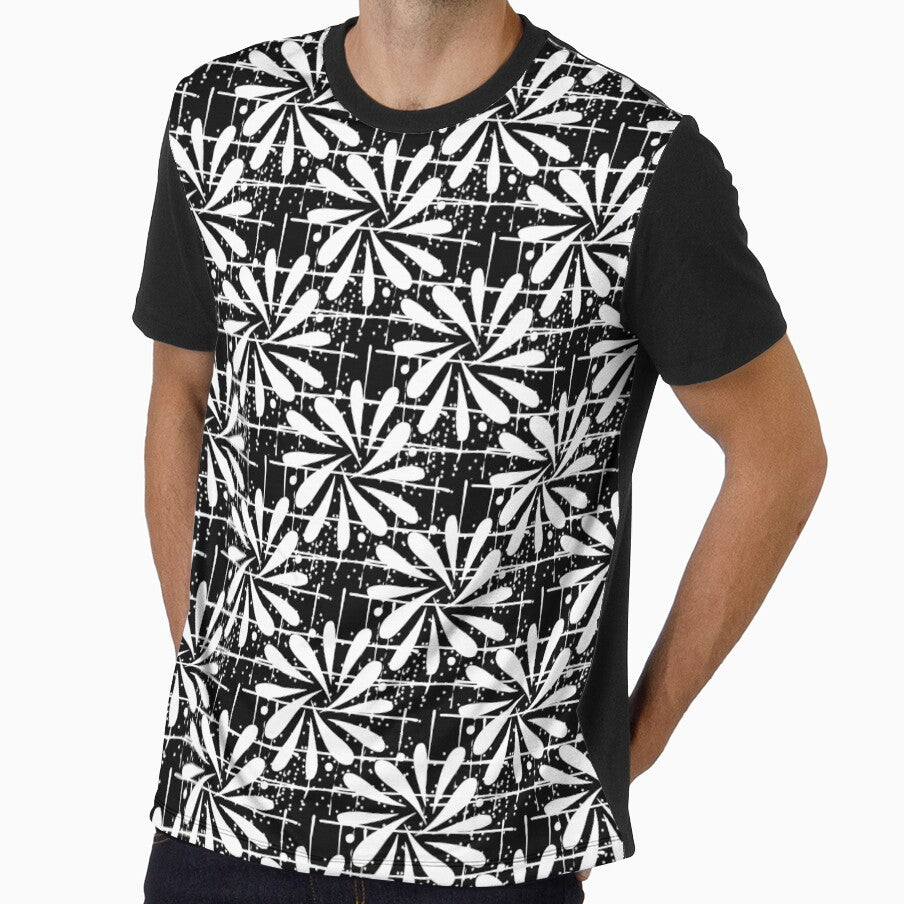 White over Black Abstract Line Art Flower Pattern by BrightMint